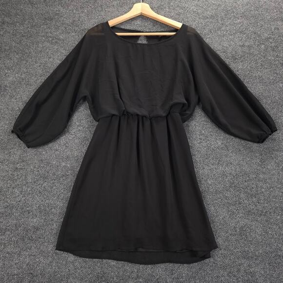 Express Black Sheer Sleeve Mini Dress Knee Size S Elastic Waist Keyhole Back - Picture 1 of 16
